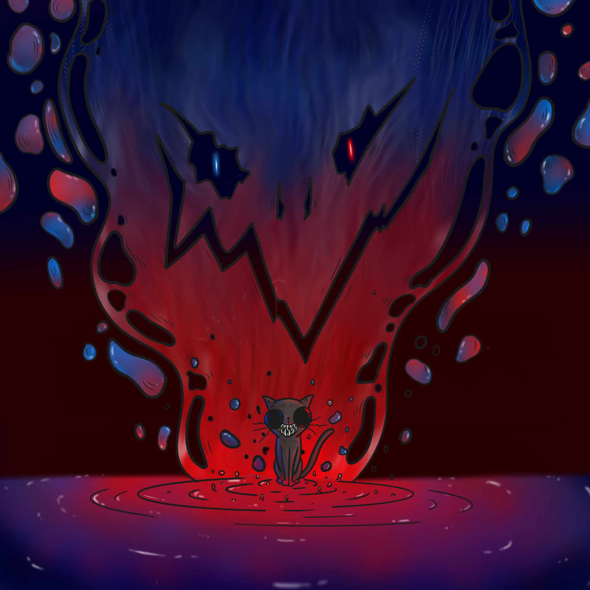 Un chat noir maléfique avec une ombre menaçante bicolore bleu et rouge.