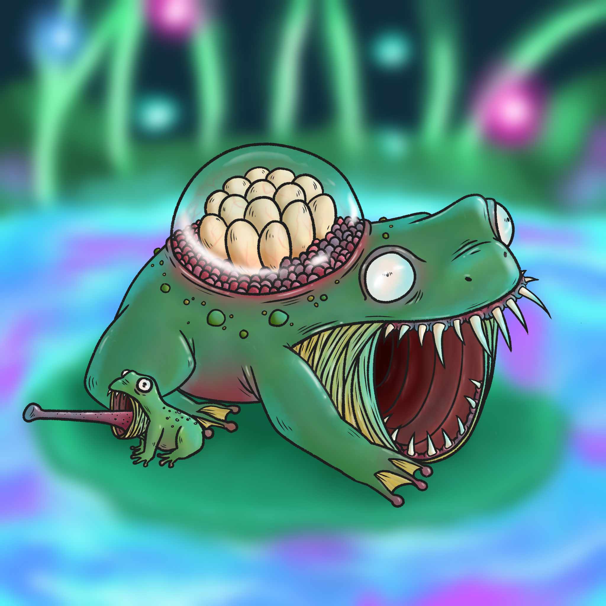 Deux grenouilles aux dents acérées avec des oeufs sur leurs dos.