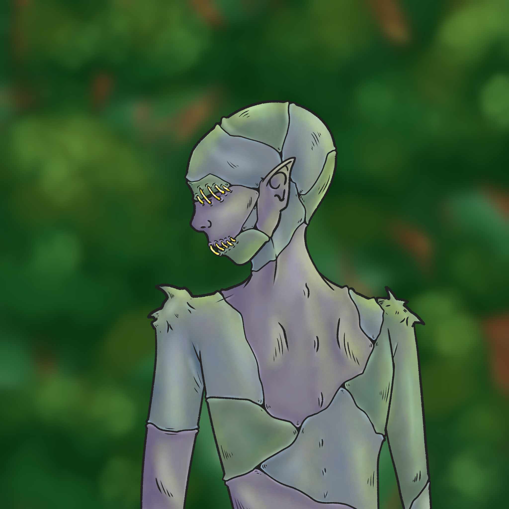 Un monstre humanoïde de la forêt recousu avec des peaux de différentes couleurs.