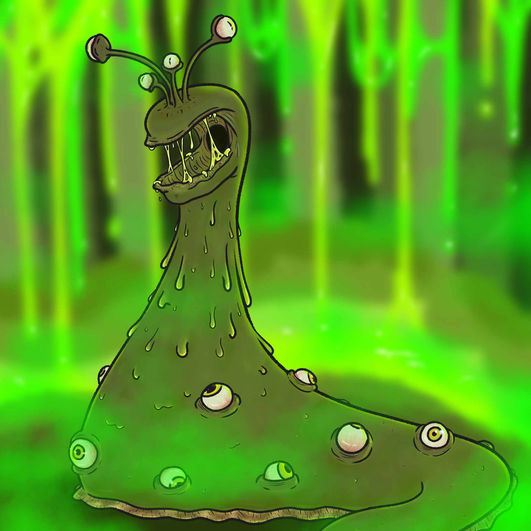 Une limace verte géante des marais toxique, dégoulinantes et recouvertes d'yeux.