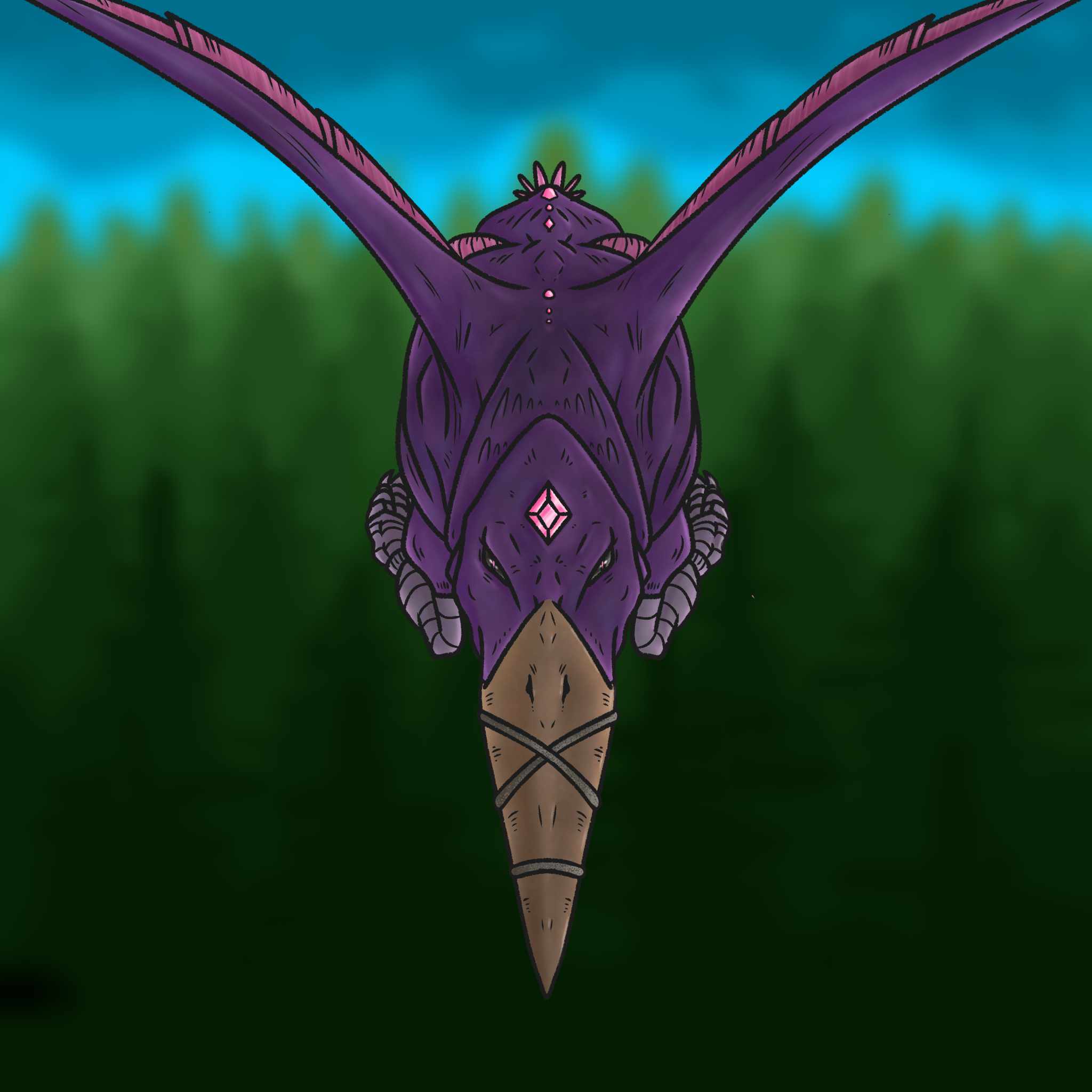 Un rapace violet au long bec avec une améthyste sur la tête.