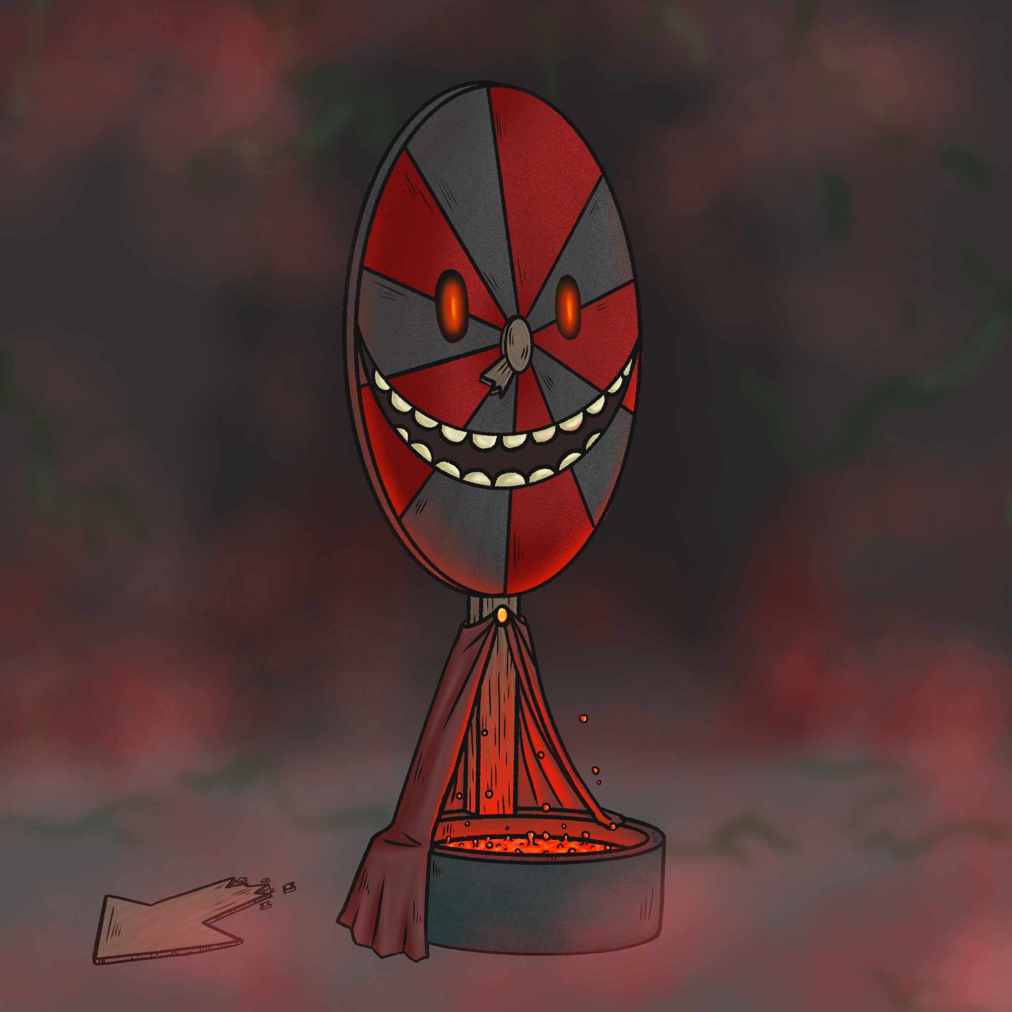 Une roue de la fortune maléfique avec un pot de lave en fusion.