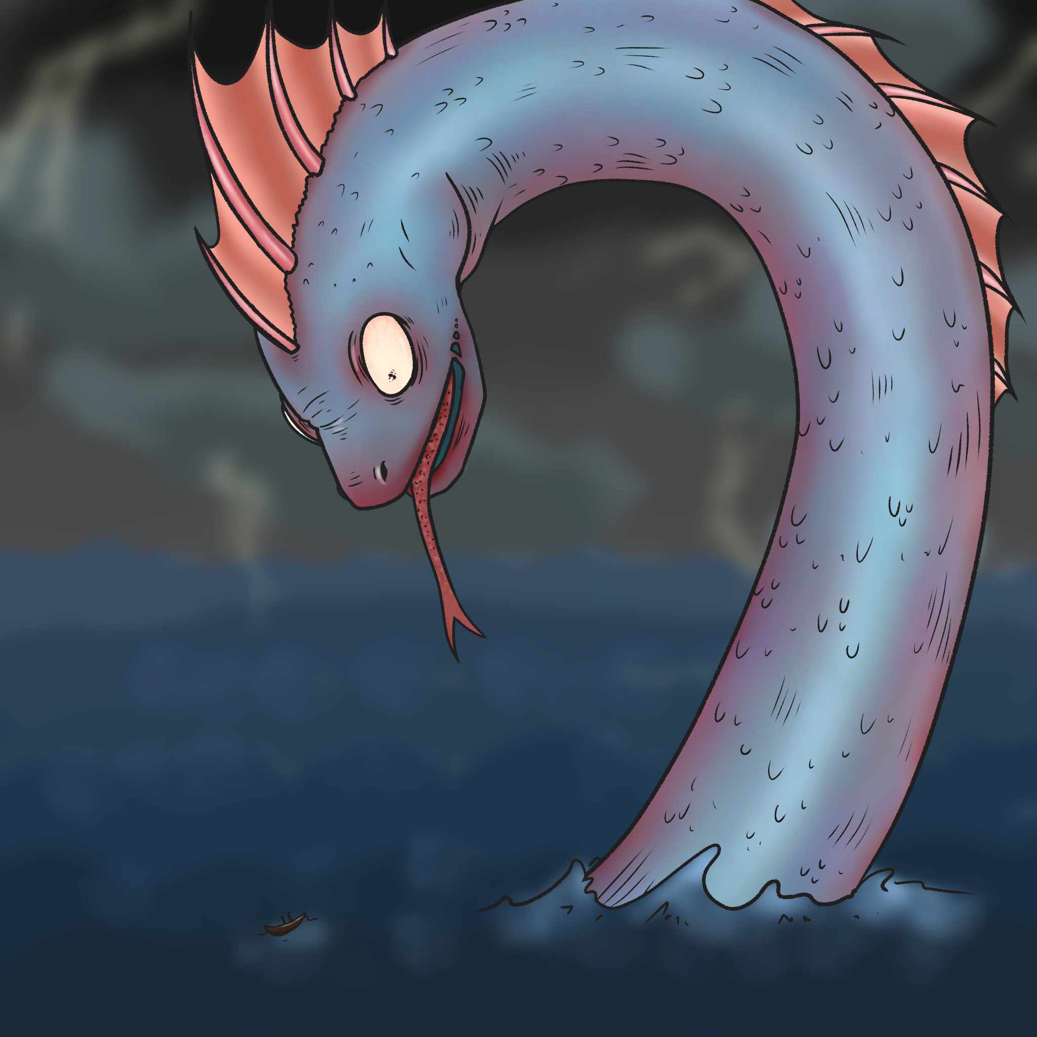 Un serpent des mers géant aux yeux exorbités dans une sinistre tempête.