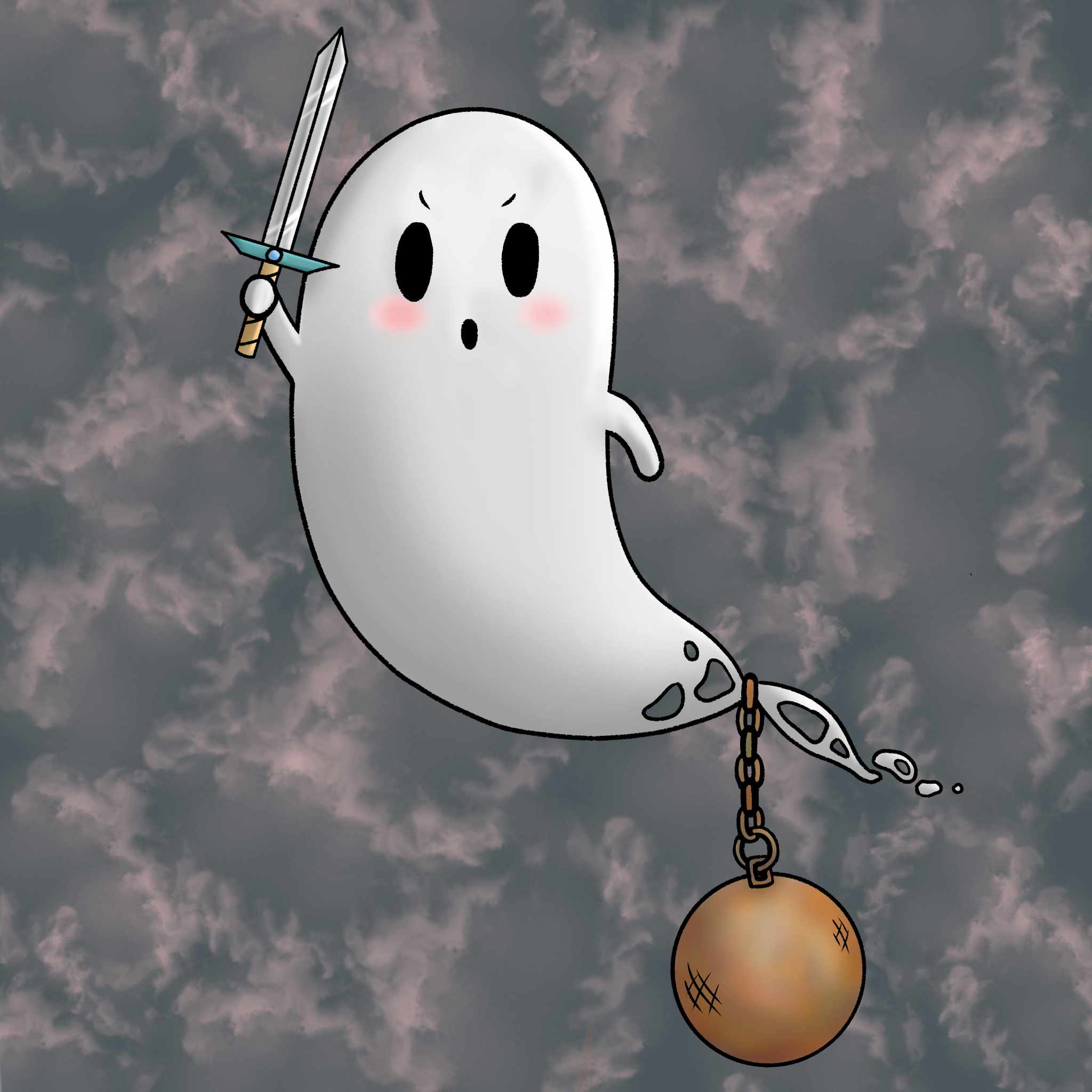 Un petit fantôme avec un boulet attaché au pied et une épée en main.