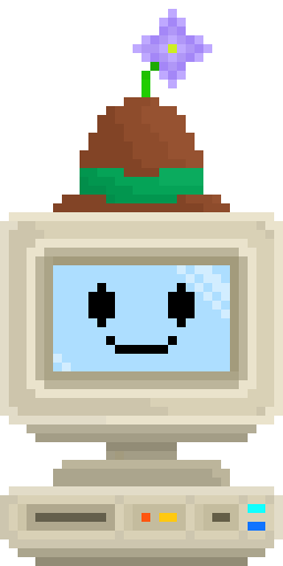 pixel art d'un vieil ordinateur qui sourit