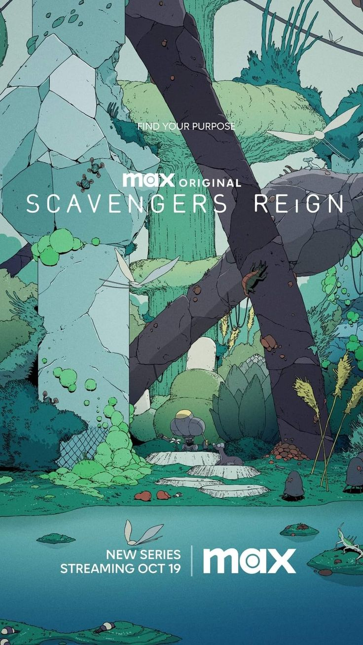 Affiche de Scavengers Reign, paysage mêlant végétation et constructions étranges en pierres, le tout dans les tons verts et bleus.
