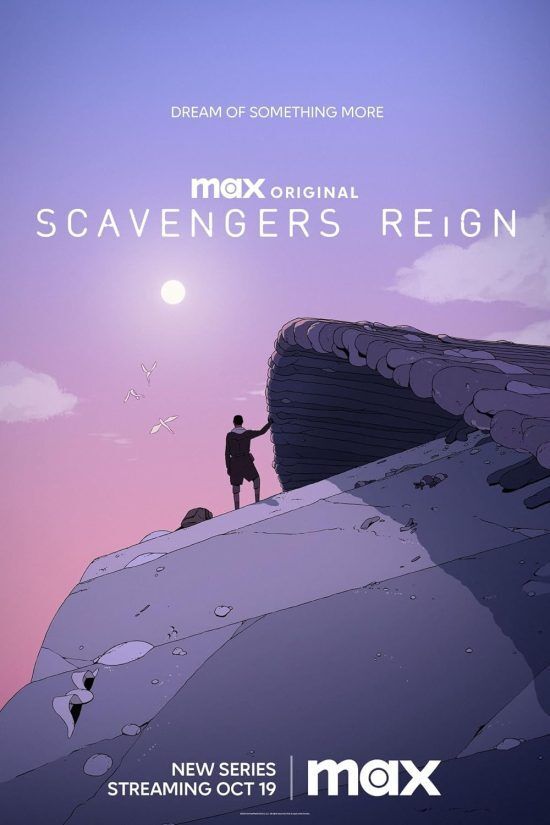 affiche de Scavengers Reign, un personnage regarde le soleil se coucher dans une palette oscillant entre le mauve et le rose